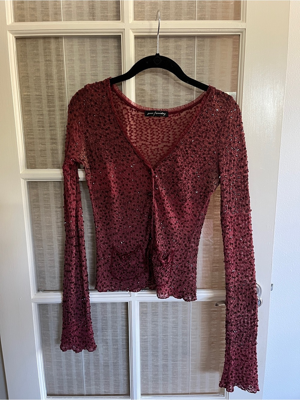 Ann Ferriday Wine Red Sequin Long Sleeve Sheer Mesh Top